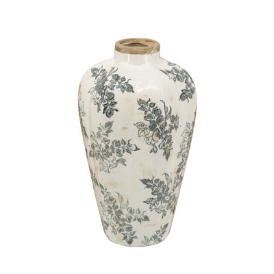 Accent Vase Ceramic French Country Distressed Botanical Print Cream