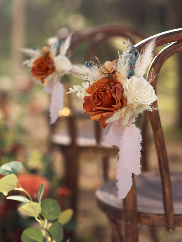 Aisle Flower Arrangement with Terracotta Rose and Raw Edge Ribbon