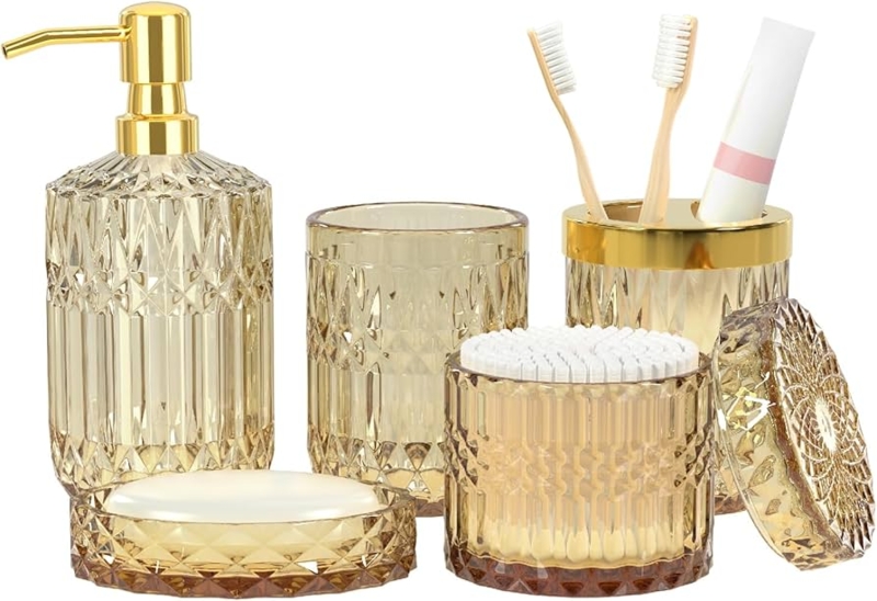 Amber Glass Bathroom Accessory Set, Ribbed Texture, Vintage Style