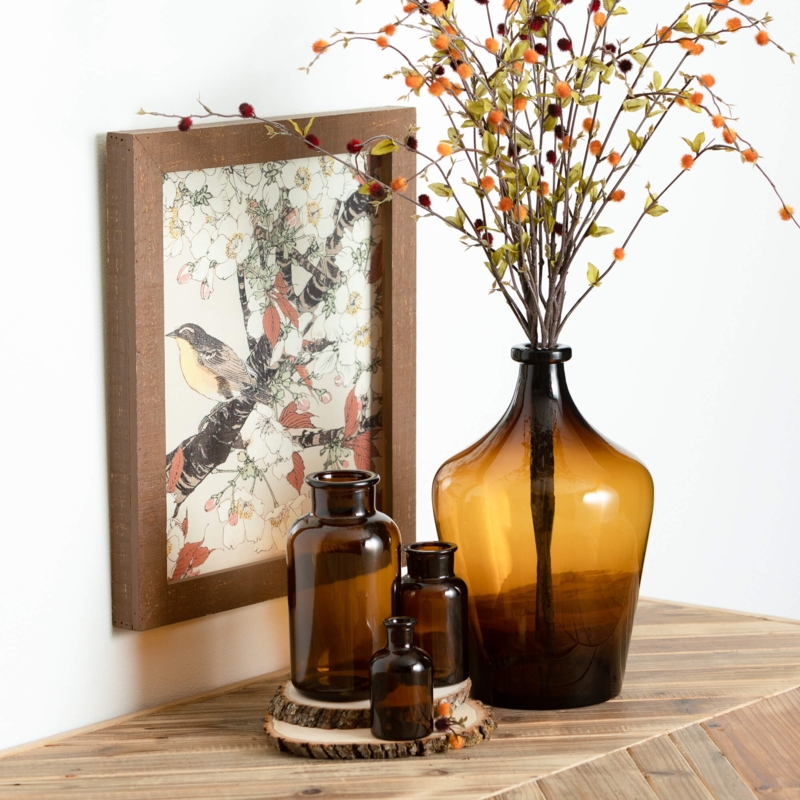 Amber Glass Decorative Vase Group in Rustic Apothecary Style.