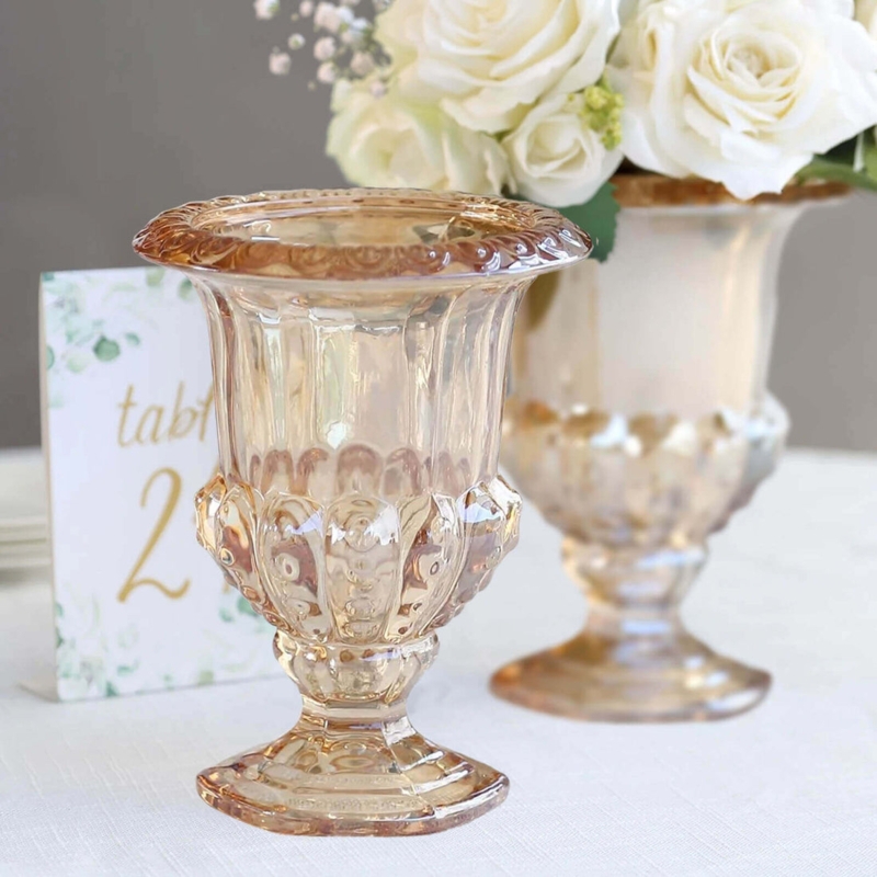 Amber Glass Pedestal Vases Pair Roman Urn Style Classic Centerpieces