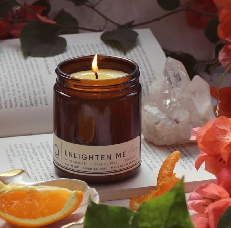 Amber Glass Scented Candle with Botanical & Crystal Decor