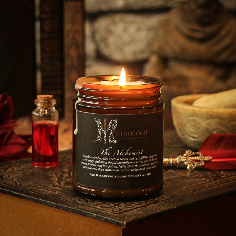 Amber Glass Scented Candle with Mystical Alchemy Label