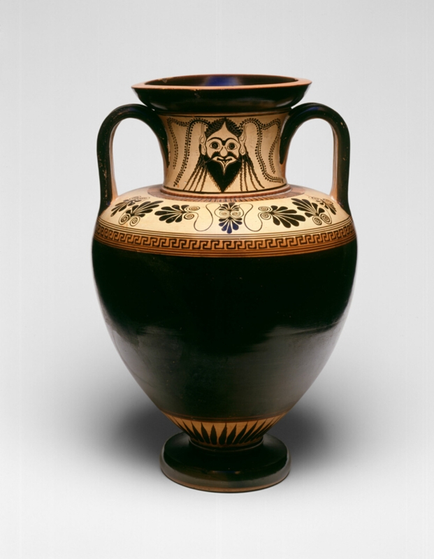 Amphora Mythological Face Detail Black Slip Glaze Greek Style
