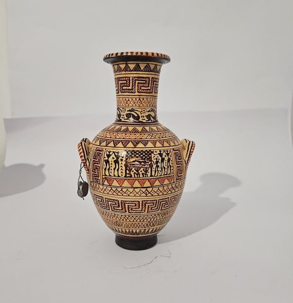 Amphora Vase Figurative Central Band Greek Key Matte Historic Ceramic
