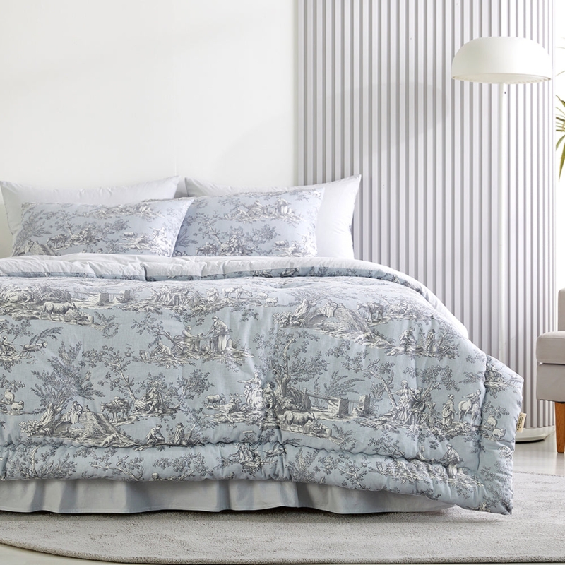 Antique Blue Comforter Set with Flanged Edges Toile de Jouy