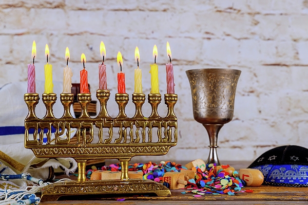 Antique Brass Menorah with Hebrew Lettering & Colorful Candles