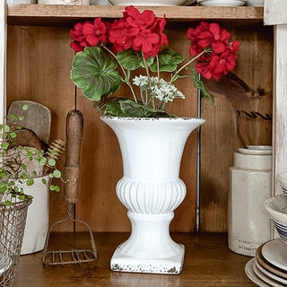 Antique Inspired Distressed White Urn Vase with Fluted Details for Shelf