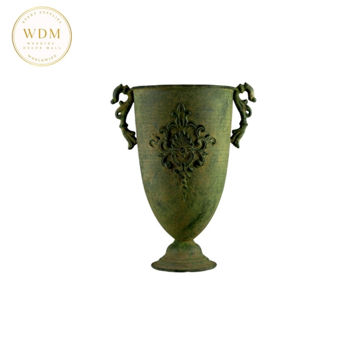 Antique Metal Urn Verdigris Finish with Ornate Scroll Handles