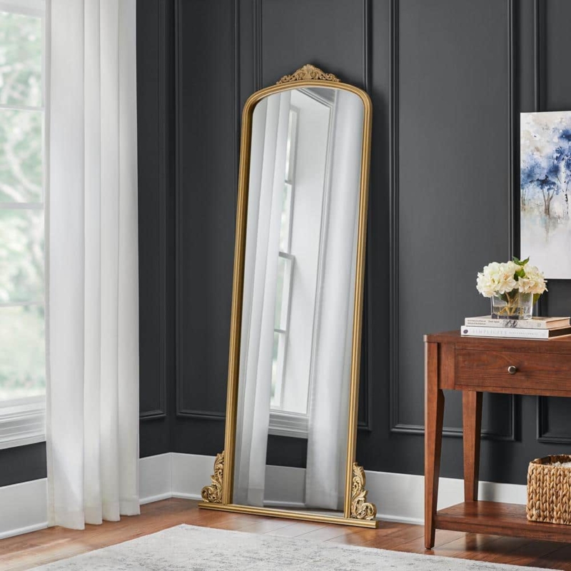 Arched Floor Mirror Ornate Crest Leaning Design Vintage Glam