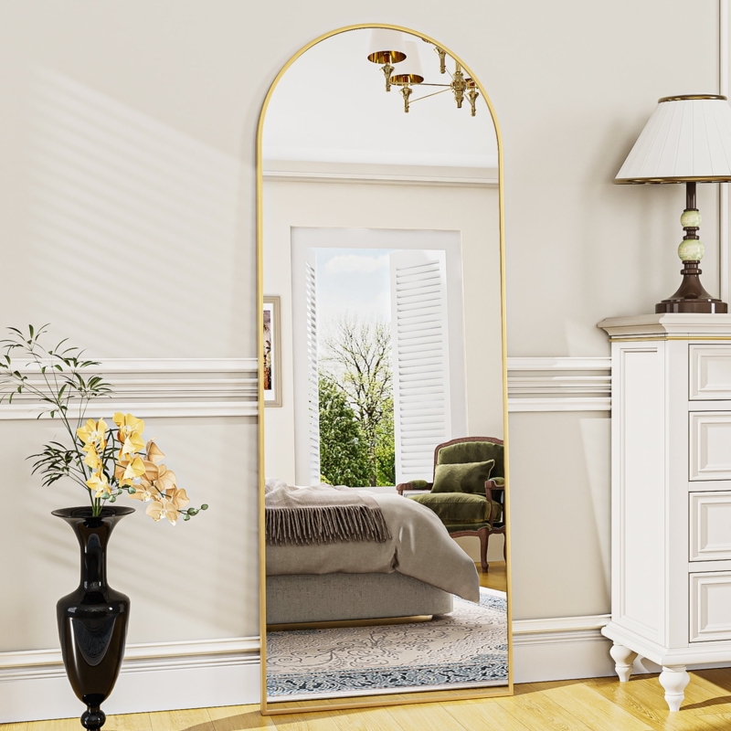 Arched Floor Mirror, Slim Gold Frame for Transitional Glam Decor