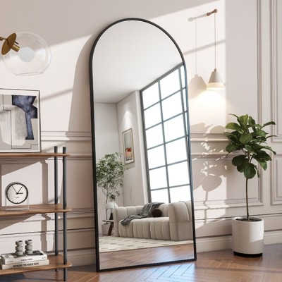 Arched Full Length Floor Mirror Slim Black Profile Transitional Decor
