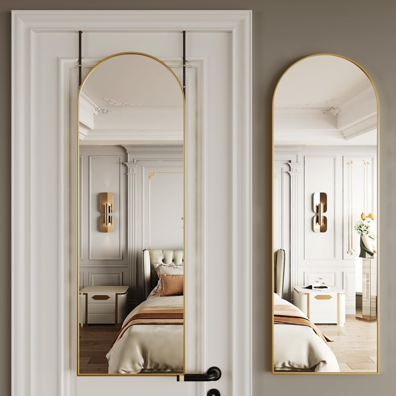 Arched Full Length Mirror Gold Thin Frame Door Mount option