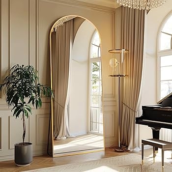 Arched Full Length Mirror Thin Frame Leaning Design Elegant Style