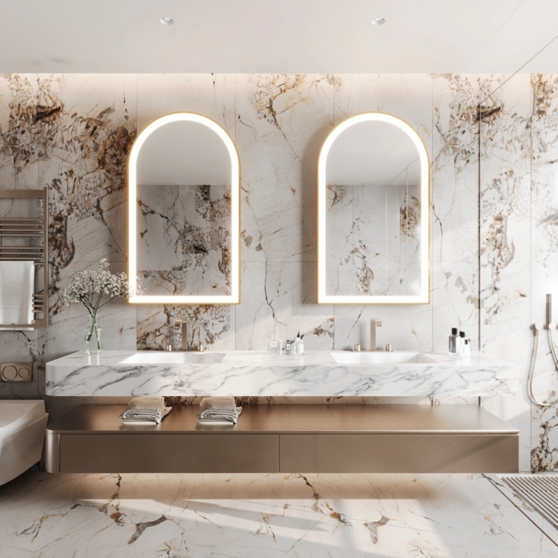 Arched Lighted Mirror Backlit LED Pair in Luxury Marble Bath