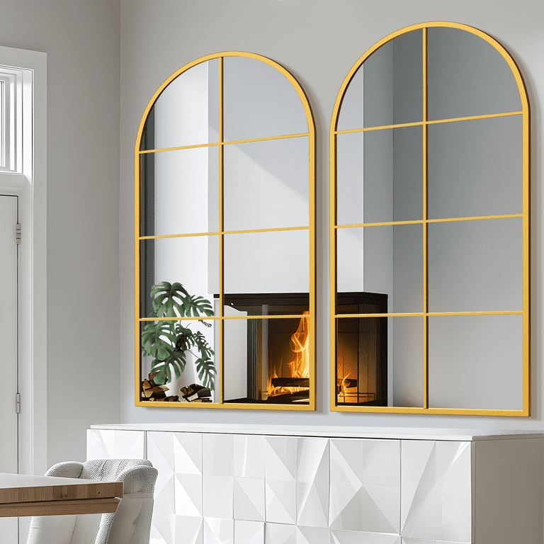 Arched Mirror Windowpane Grid Design Gold Toned Finish Modern Glam