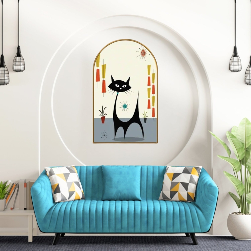 Arched Wall Art: Mid-Century Atomic Cat Motif Canvas, Retro Decor