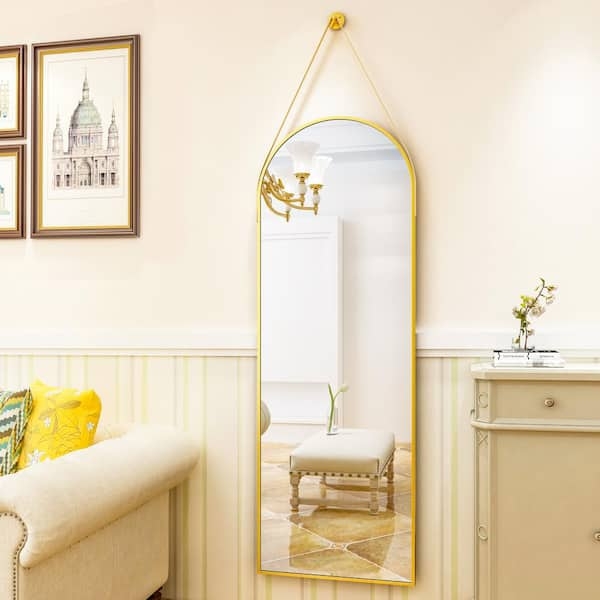 Arched Wall Mirror with Hanging Strap Detail Slim Profile Modern Glam