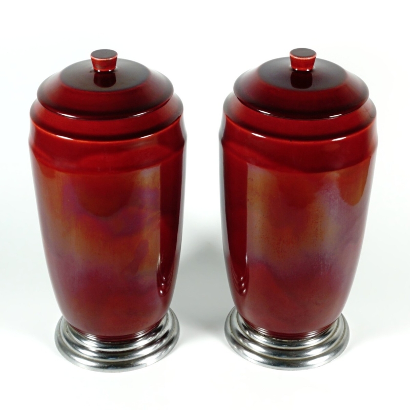 Art Deco Lidded Urns, Iridescent Oxblood Glaze Pair