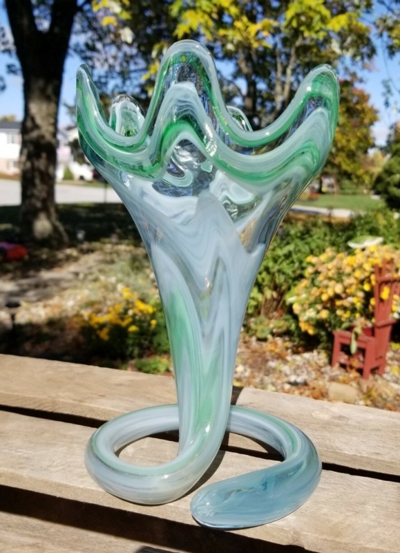 Art Glass Trumpet Vase, Green and Blue Swirled Pattern with Coiled Base