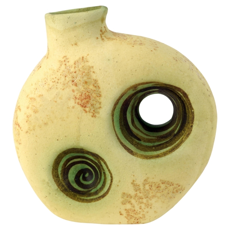 Art Pottery Vase, Circular Cutout, Off-Center Neck, Spiral Graphics.