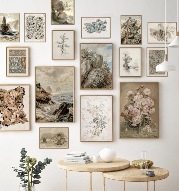 Art Set: Slender Gold Frames in Vintage Farmhouse Gallery Wall Layout