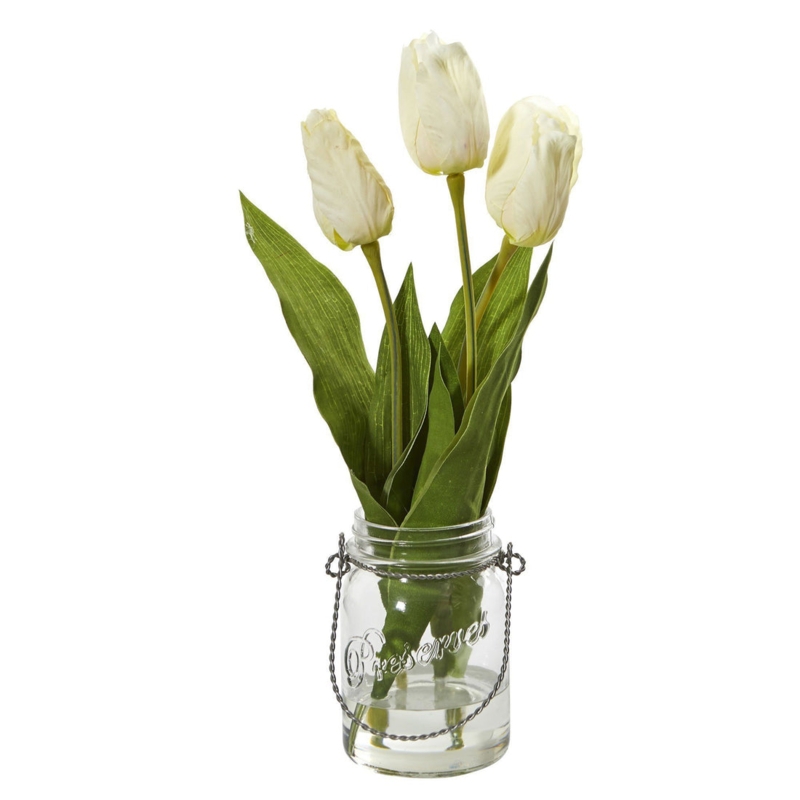 Artificial Tulips in Glass Jar Illusion Water Wire Handle