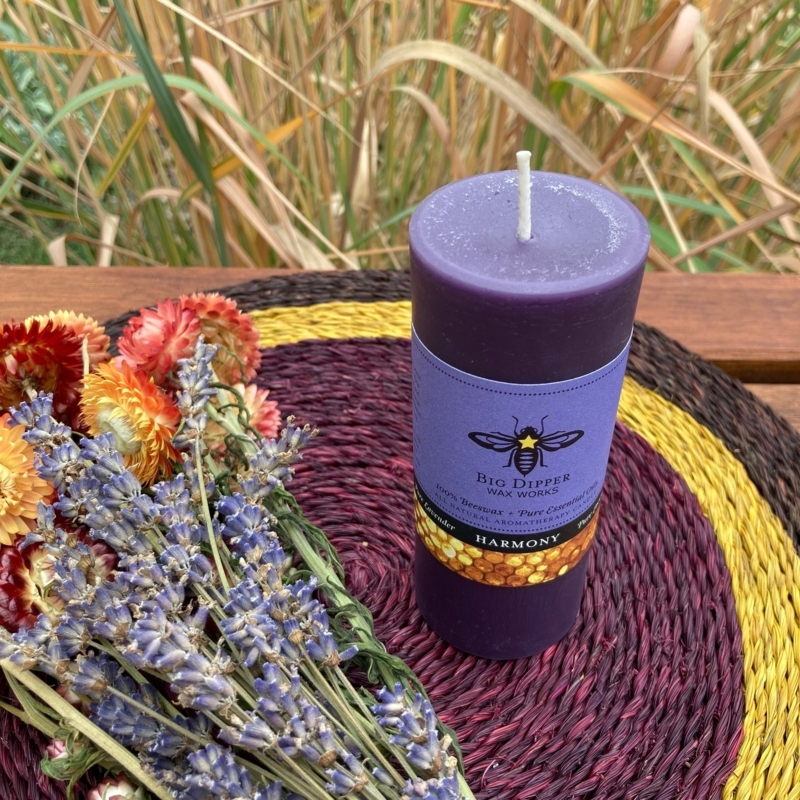 Artisanal Purple Beeswax Pillar Candle with Dried Lavender Pairing