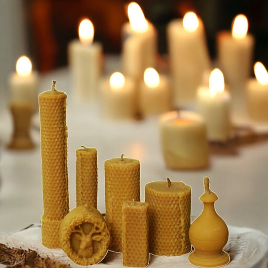 Assorted Pillar Candles with Stag Relief, Artisanal Beeswax Set