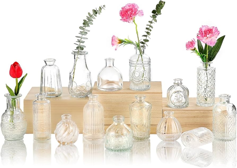 Assorted Textured Clear Glass Bud Vases 15 Piece Set Eclectic Decor