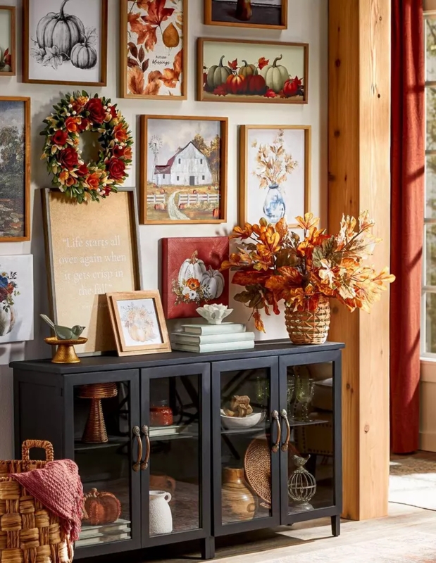 Asymmetrical Wall Art Collection with Gallery Layout and Leaf Prints