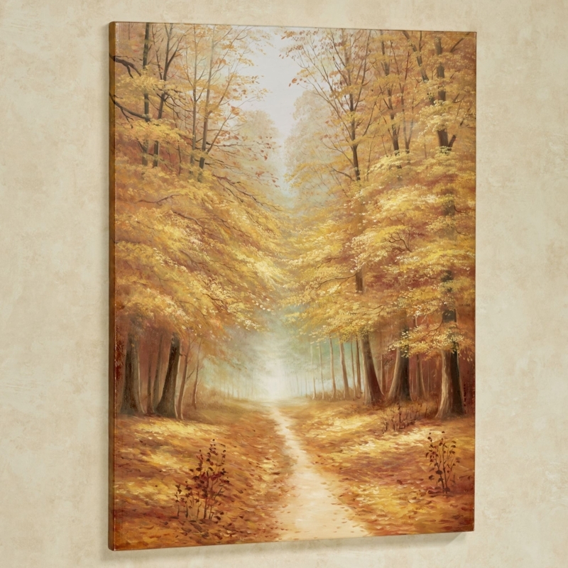Autumnal Canvas Wall Art with Misty Perspective Path and Forest Scene