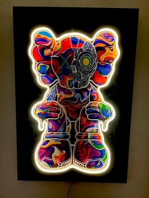 Backlit Wall Art: Marbled epoxy finish, glowing outline, pop art style.