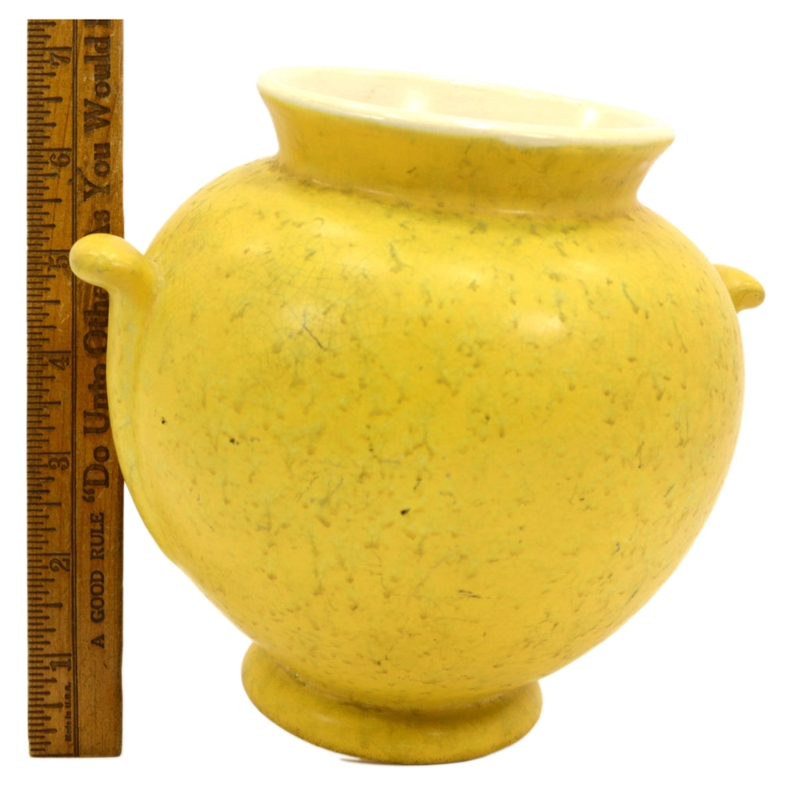 Ball Vase Vintage Yellow Pottery Vase, Mottled Glaze, Nub Handles