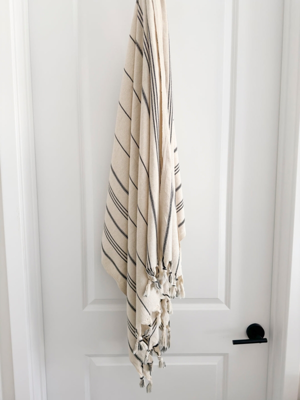 Bath Towel, Cream Linen-Like Fabric with Knotted Fringe.