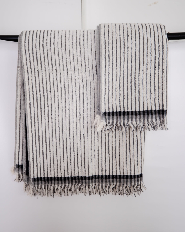 Bath Towel, Cream Terry Cloth with Horizontal Stripes and Fringe.