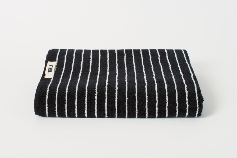 Bath Towel, Cream Woven Fabric with Fringed Ends and Stripes.