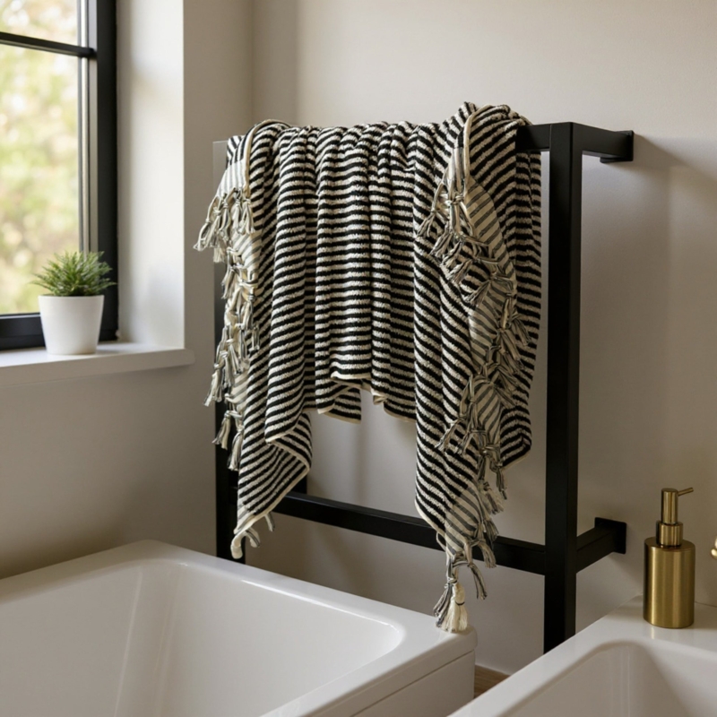 Bath Towel, Hammam Style with Black Stripes and Terry Pile.