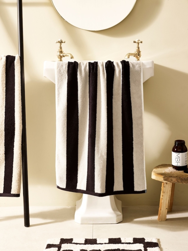 Bath Towel, Natural Woven Fabric with Vertical Stripes and Fringe.