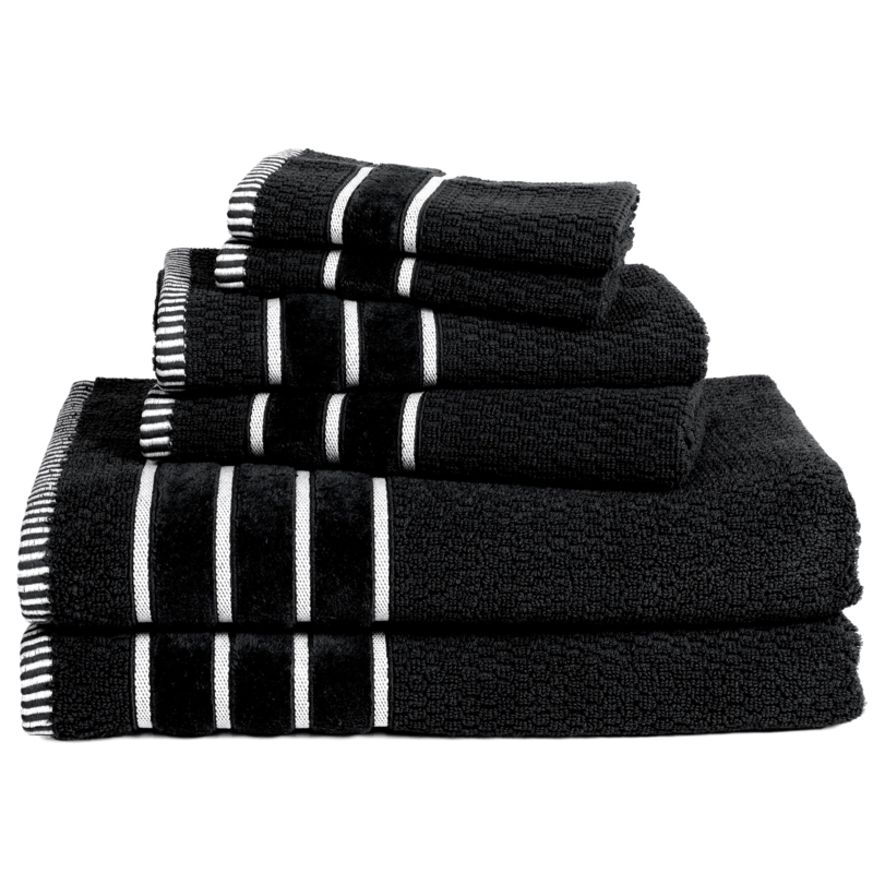 Bath Towel Set, Black with Striped Border and Rice Weave.