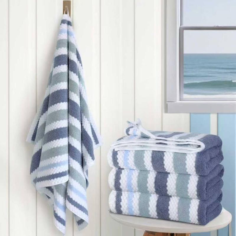 Bath Towel Set with Hanging Loops, Blue-Grey Striped Terry Cloth