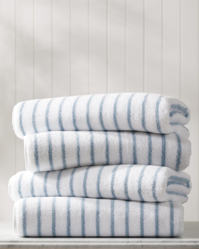 Bath Towel Set with Turkish Cotton Look, Soft Blue Stripes, Fringed