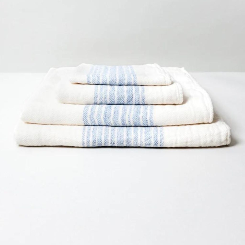 Bath Towel with Linen-Like Weave, Frayed Edges, Ivory and Blue Stripes