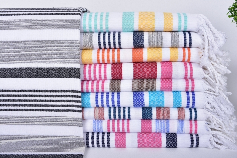 Bath Towel with Tassel Fringe and Flat Weave Texture, Woven Cotton