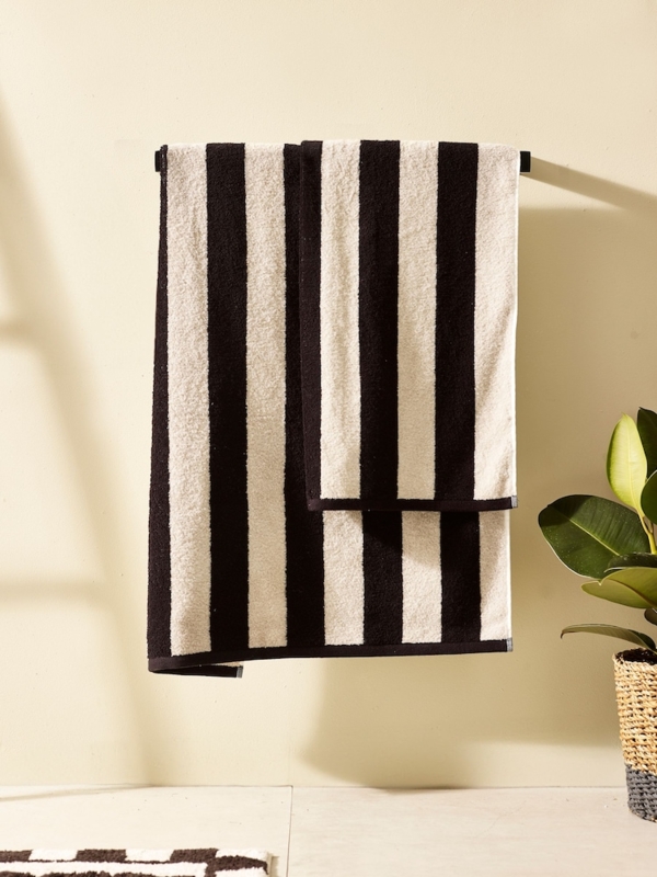 Bath Towel, Woven Cotton with Natural and Dark Stripes.