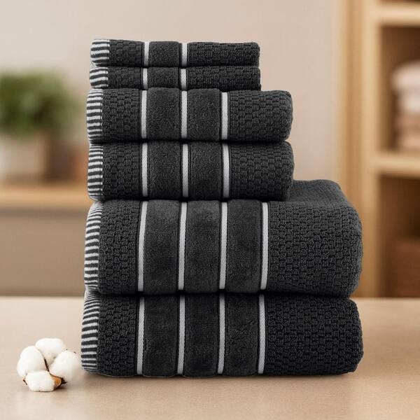Bath Towels, Six-Piece Set with White Striped Decorative Border.