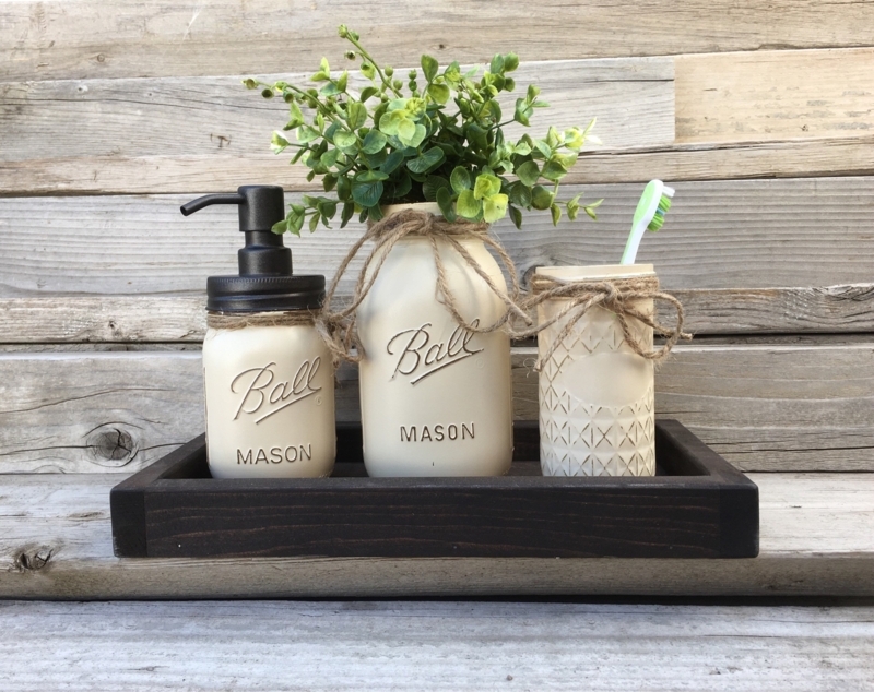 Bathroom Accessory Set Cream Mason Jars Twine Accents Wood Tray