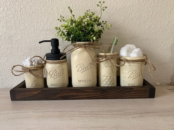 Bathroom Accessory Set Cream Quilted Mason Jar Farmhouse Vanity Organizer
