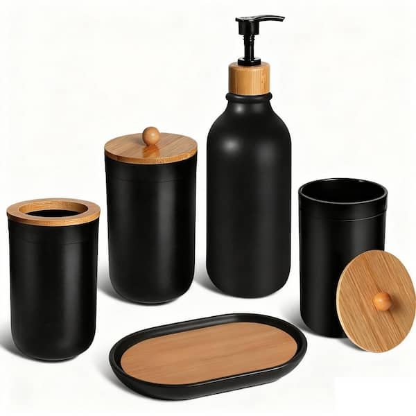 Bathroom Accessory Set Matte Black Finish Wood Toned Lids Modern