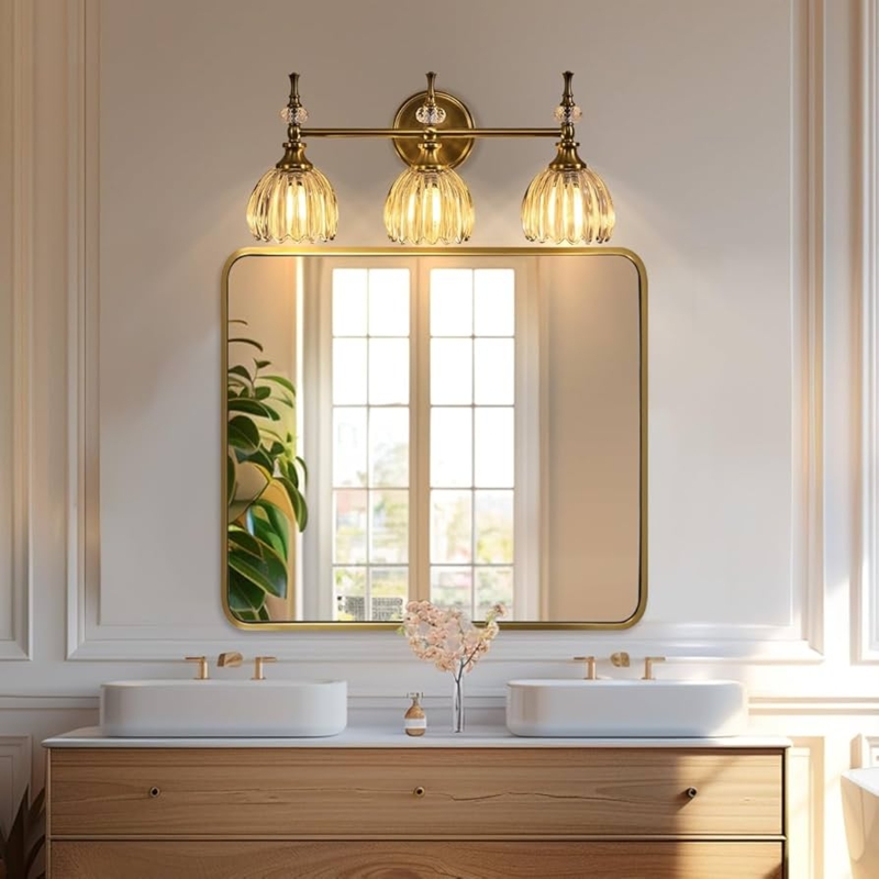 Bathroom Mirror Rounded Rectangle Brushed Gold Frame Transitional